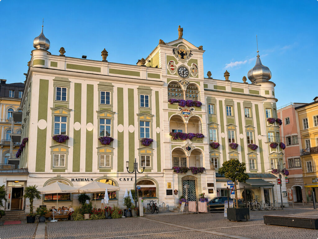 Grün-weiße Fassade des historischen Rathauses von Gmunden